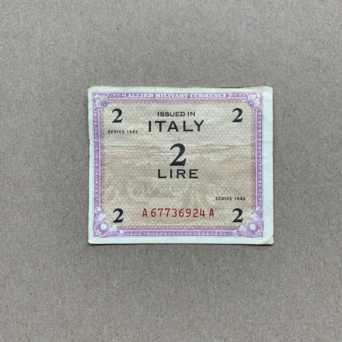 WW2 Italian 2 Lire 1944 Allied Occupation Currency Italy Banknote WWII WW2 Note Cover