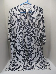 CHICO'S Kurzarm Long Strickjacke Pullover Seitensaum Schlitze weiß / marine Design L - Bild 1 von 9
