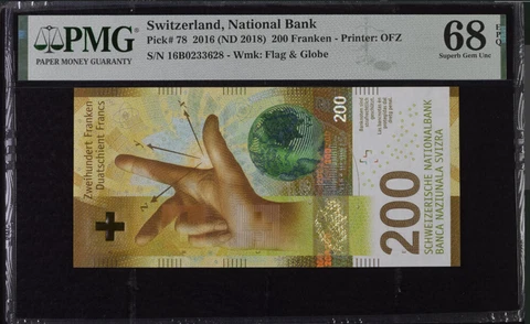 Switzerland 200 Franken 2016 ND 2018 P 78 Superb Gem UNC PMG 68 EPQ Cover