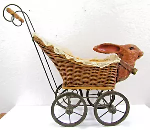 Antique Doll Stroller Pram Bowtie Rabbit Head Wicker Basket with Iron Wheels - Picture 1 of 16