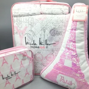 6pc Nicole Miller Paris Eiffel Tower TWIN Quilt Sheet Set Sequin Pillow Pink NEW - Picture 1 of 12