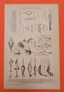 Angelfischerei Haken Pose Blinker Montage Köderfisch Fliegen Holzstich 1895 - Bild 1 von 2