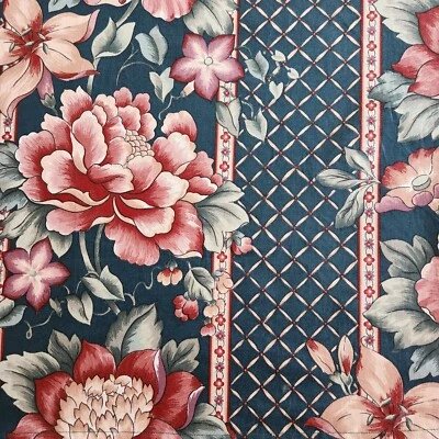 Vintage Pink Floral Stripe Teal Green Chintz FABRIC Hemmed 70.5"x 53" - Image 1 of 4
