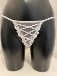 Shirley of Hollywood weiß Netz bestickt Träger transparent Tanga String Höschen - Bild 1 von 8