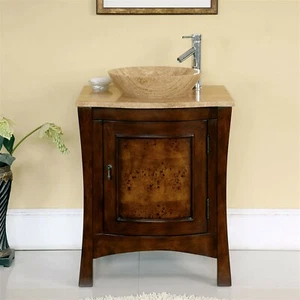 26-inch Bathroom Vessel Vanity Travertine Top Single Stone Sink Cabinet 0714TR - Picture 1 of 4