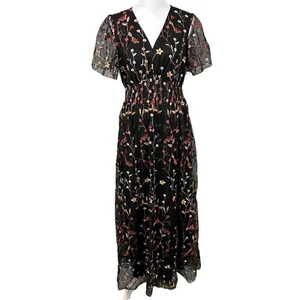 NWT Simplee M Floral Embroidered Black Mesh Lined V-Neck Short Slv Maxi Dress - Picture 1 of 15