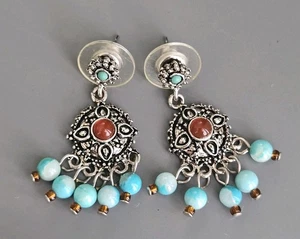 R. J. Graziano Beaded Turquoise & Carnelian Silver Tone Earrings Vtg New  - Picture 1 of 4