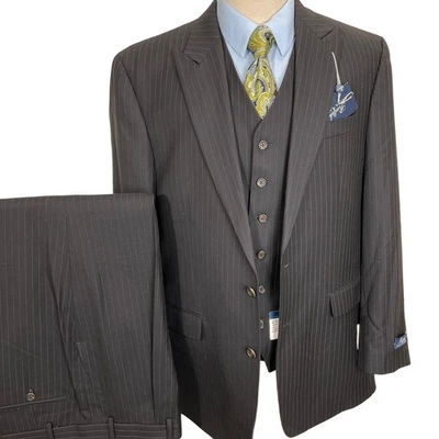 Ralph Lauren 3pc Suit Mens 44L 38W Black White Pinstripe Unhemmed Merino Wool - Image 1 of 4