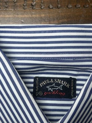Paul and Shark 长袖纽扣白色/海军蓝条纹意大利设计师小号 — 第 1/4 张图片