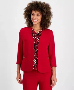 Kasper Women's Cuffed Open-Front Collarless Formal Jacket Blazer Fire Red 6P - Picture 1 of 7