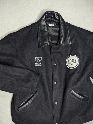 Chaqueta Bomber Letterman De Colección Roots Canada Cuero Lana 1998 Para Hombre Grande Negra Foto 1 de 4