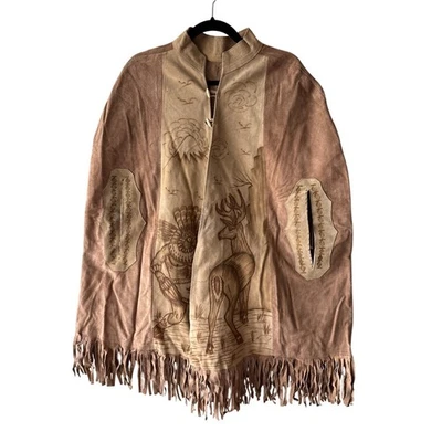 Vintage 70s Suede Poncho Fringe Aztec Calendar Design - Image 1 of 4