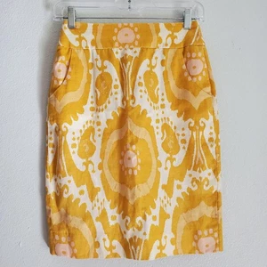 J.Crew Rock Damen 0 gelb weiß Ikat Leinen Bleistift Rückenschlitz Boho knielang - Bild 1 von 6