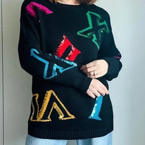 Vintage 90s Sweater Chaus Sport Size Black Sequin Roman Numerals Unique - Picture 1 of 9