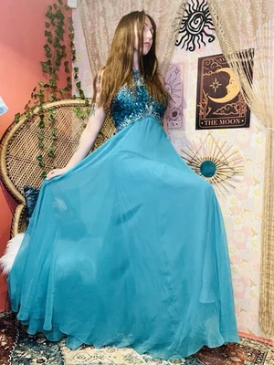 Vintage 70s 80s Dress Size 8 Teal Blue Designer Mike Benet Sequin Ball Gown - Image 1 of 4