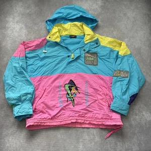 Vintage ONeill Jacket Mens L Neon Frozen Wave Cult Windbreaker Graphic Surf Hood - Picture 1 of 14
