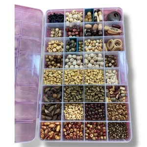 Lot of Wood Beads Jewelry Making Set – 30-Compartment Organizer Box Craft Supply - Picture 1 of 6