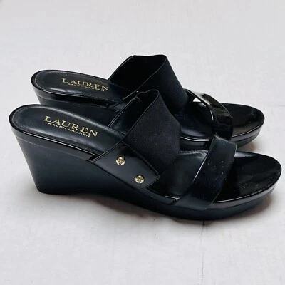 Sandalias Ralph Lauren para mujer 7 B Rhianna Slide charol negro tachuelas de cuña Foto 1 de 4