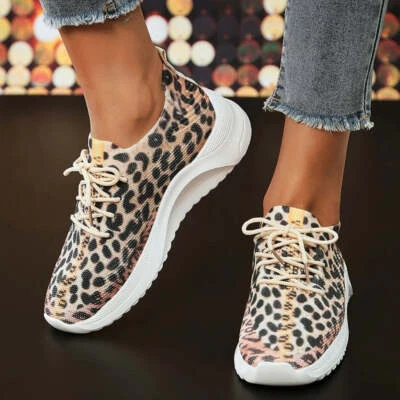 Womens Leopard Print Shoes Soft Knitted Slip On Soft Comfortable Trainer Style