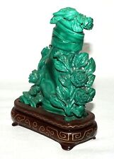 Vintage Chinese Malachite Carved Covered Mini Vase w Floral Motif & Stand (LeD) 