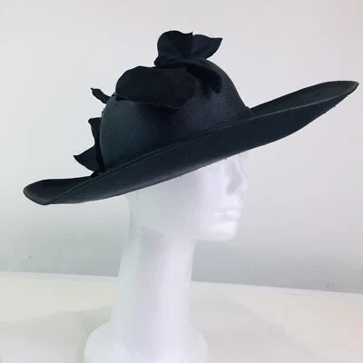 Vintage Red Feather Jack McConnell Black Straw Wide Brim Bow Leaf Hat - Image 1 of 4