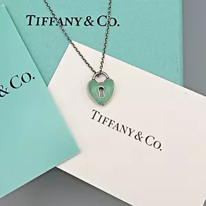 Tiffany & Co Sterling Silver Blue Enamel Heart Lock Pendant Necklace 16" Keyhole - Picture 1 of 11
