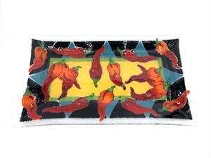 Chili Peppers Fused Art Glass Tray 13 3/4 x 7 3/4" Signed Vintage - Picture 1 of 11