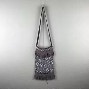 Vintage l 60s Brown White Plastic Floral Beads Fringe Boho Hippie Crossbody Bag - Picture 1 of 14