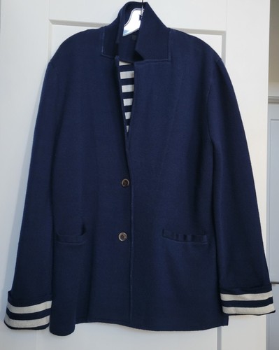 OFF WHITE Giacca reversibile J Crew cotone maglia blu navy bianco sporco righe 2 bottoni taglia L nuova senza etichette