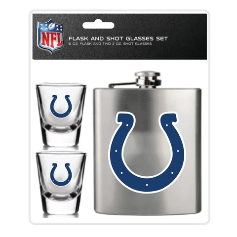 NFL Indianapolis Colts 6oz Flask Shot & 2oz Glass Shot Set, Stainless Steel Cover