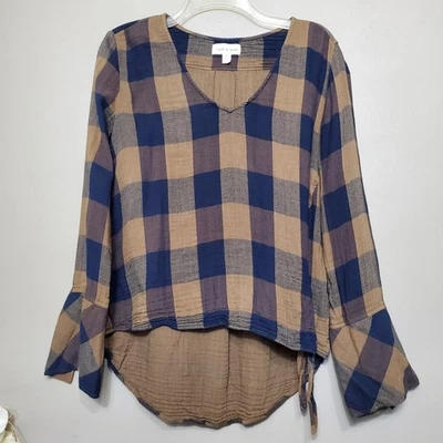 Blusa Top de Tela y Piedra para Mujer Talla Pequeña Azul Marrón Anudada Alta Baja a Cuadros Foto 1 de 4
