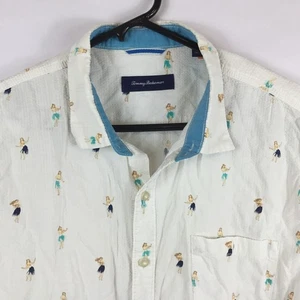 Tommy Bahama Shirt Size XL Hula Girl Pinup Cotton White Seersucker Tropical - Picture 1 of 7