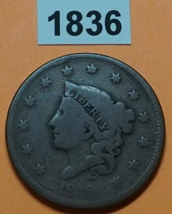 Moneda de cobre de Estados Unidos con cabeza de corona/matrona 1836 baja calidad ag fecha legible - Imagen 1 de 3