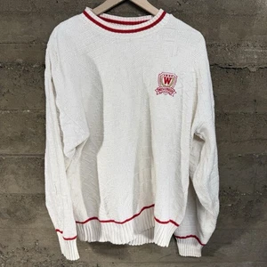 Vintage Wisconsin Badgers Nutmeg Mills Sweater Made in USA Size L White Red 90’s - Picture 1 of 6