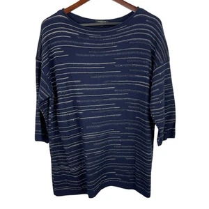Lafayette 148 Size M/L Navy Blue Silver Stripe Boatneck Light Sweater Designer - Picture 1 of 8