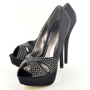 NUEVAS SANDALIAS DE MUJER NEGRAS TACÓN ALTO PLATAFORMA CON DETALLE DIAMANTE EN TALLA 3-8 - Imagen 1 de 8