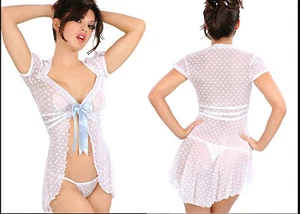 Women Front Open White Dot Sheer Mesh Sexy Babydoll Lingerie Chemise Negligees - Picture 1 of 3