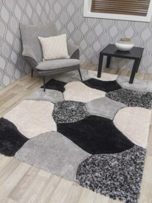 Grey Shaggy Rugs Cream Black Thick Chunky Living Room Silky Modern Bedroom Rug - Image 1 of 2