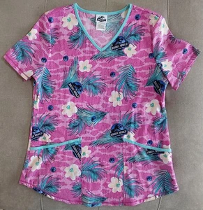 Jurassic World Dominion Women's Sz M Scrub Top Pink Green T Rex Floral - Picture 1 of 6