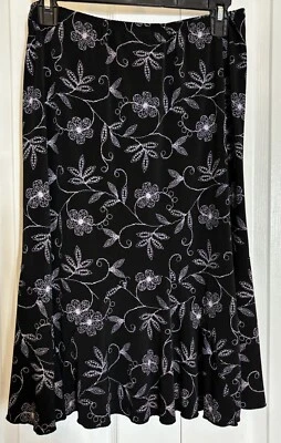 Vintage 90s Y2K Black Floral Knee Skirt by JKLA Women's Elastic Waist MEDIUM - Image 1 of 4
