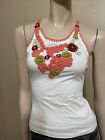 Women’s White Cotton Casual Opened Knitted Flower Tie Beaded Size M Top Blouse