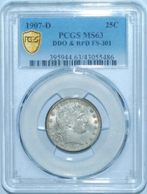 1907 D PCGS MS63 FS-301 DDO + RPD Repunched Date Doubled Die Obv Barber Quarter - Image 1 of 4
