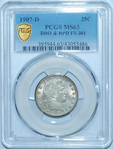 1907 D PCGS MS63 FS-301 DDO + RPD Repunched Date Doubled Die Obv Barber Quarter Cover