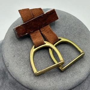 Wood Suede Riding Stirup Brooch Horse Rider Pin Leather 2.5"n Western 40s 50s - Picture 1 of 7