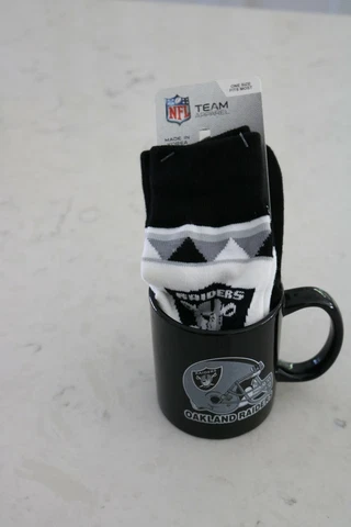 Oakland Raiders coffee mug and Raider Socks nwt and hologram Cover