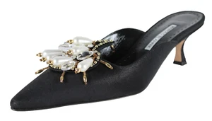 MANOLO BLAHNIK Tacones Mules Tela Grosgrain Negro Embellecidos con Perlas 39 - Imagen 1 de 10