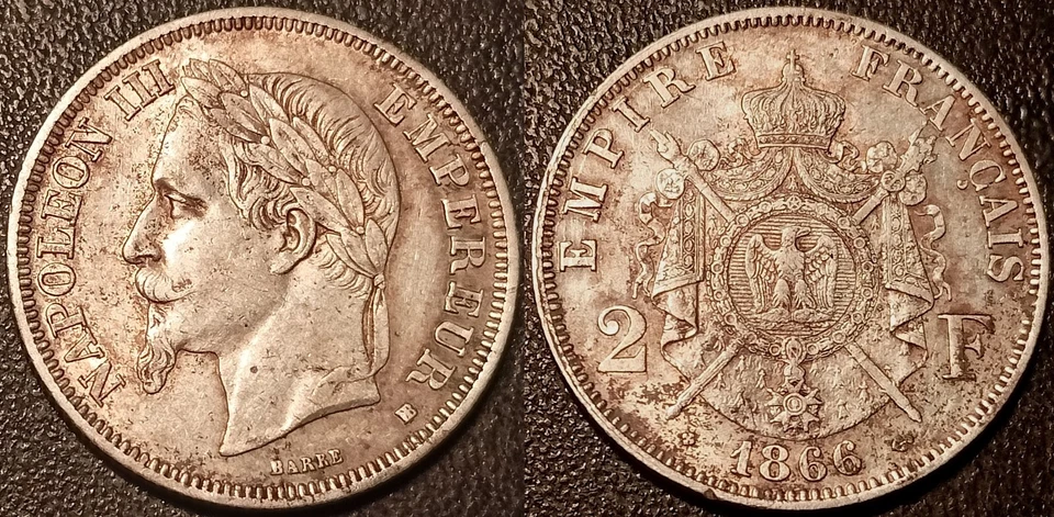 Napoleón III - 2 francos cabeza de laurel de plata 1866 BB, Estrasburgo ¡Extremadamente fina! F. Foto 1 de 1