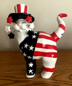 Vintage 2002 Annaco Creations AMY LACOMBE Ceramic 4th Of July Cat Red White Blue - Picture 1 of 9