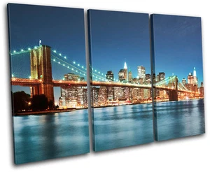 New York City NYC USA Brooklyn Bridge Skyline Night lights Lit Canvas Art Print - Picture 1 of 1