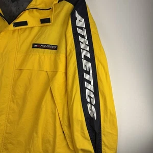 VTG 90's Tommy Hilfiger Athletics Men's Windbreaker Yellow Hooded Jacket L - Picture 1 of 14